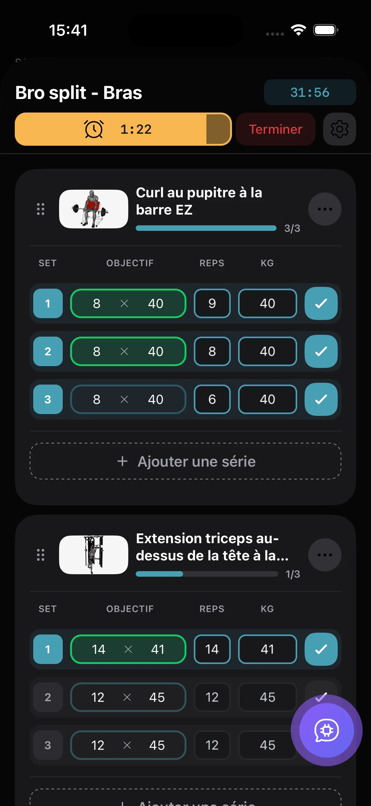 Écran de suivi d'entraînement actif dans Lifterly