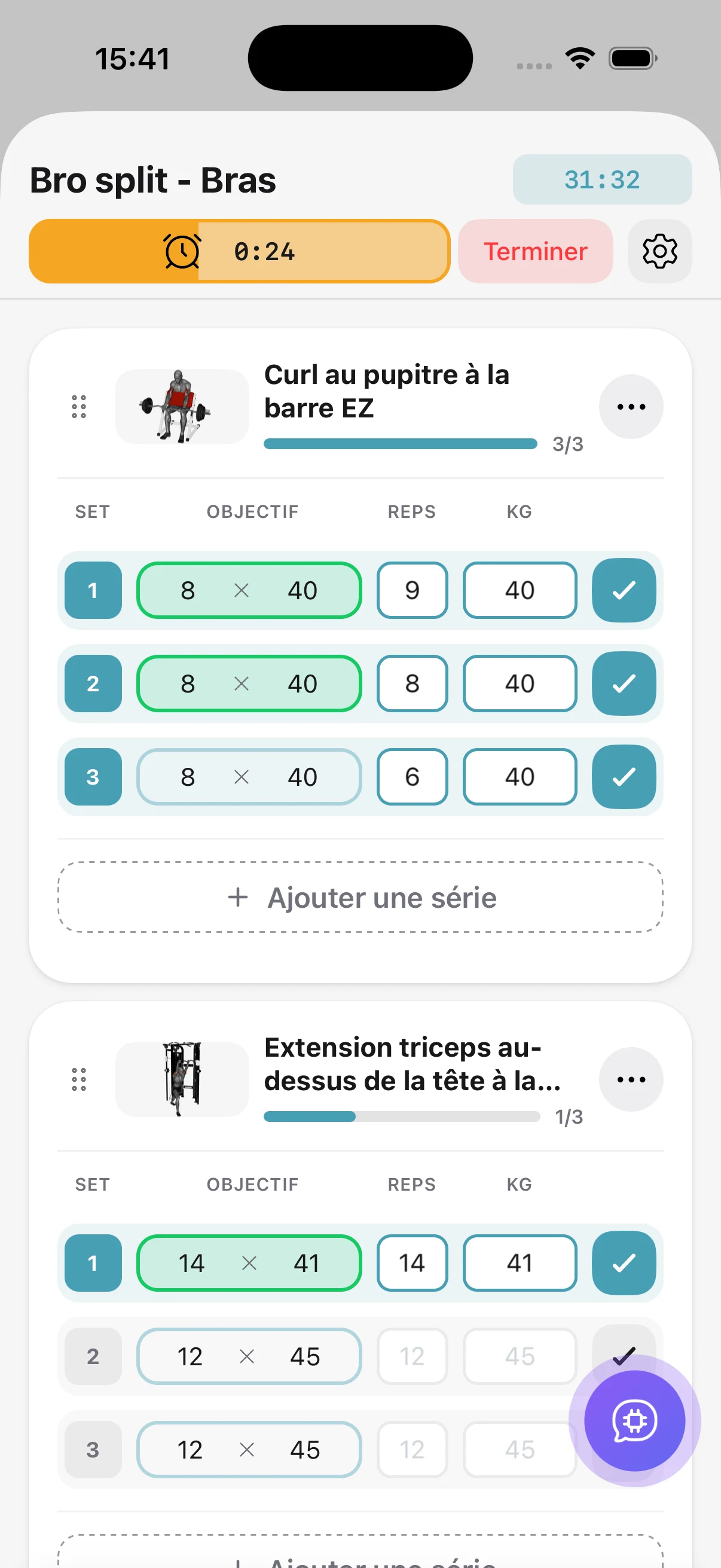 Écran de suivi d'entraînement actif dans Lifterly