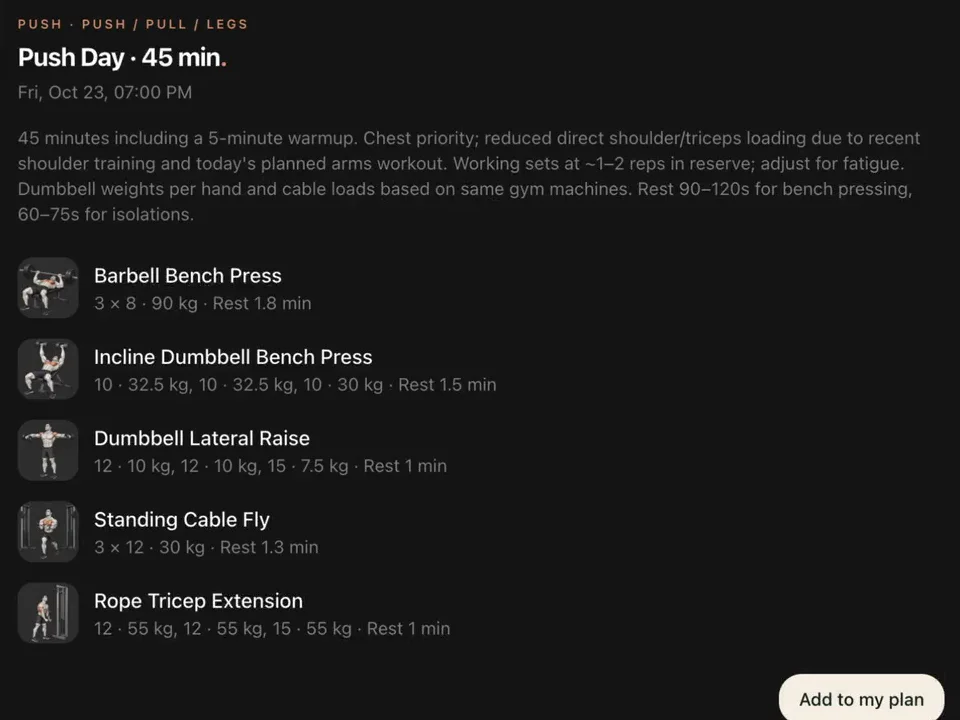 A 45-minute push session proposed by Lifterly in ChatGPT, with sets, weights and rest