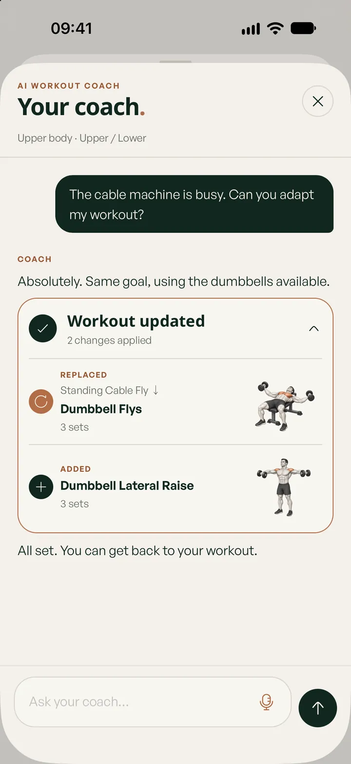 An example conversation adapting a workout with the Lifterly AI coach