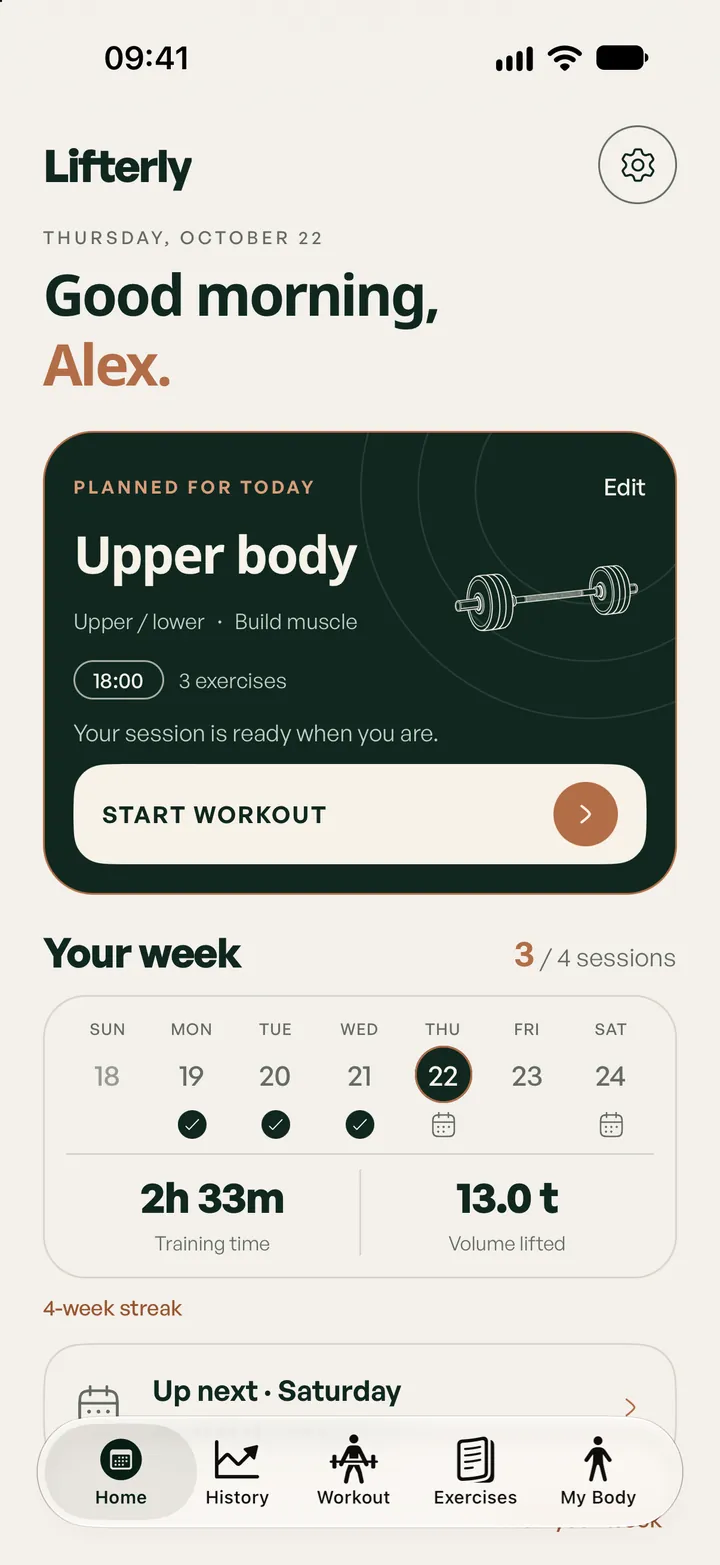 Lifterly Home: a completed session and weekly training overview