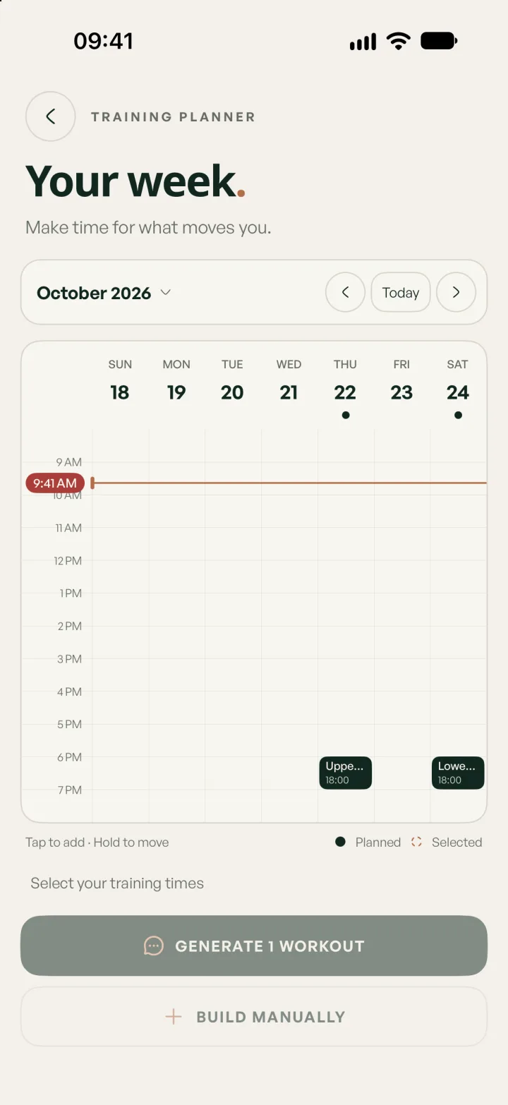 Lifterly’s training planner: a week calendar with upper and lower body sessions planned at 6 pm