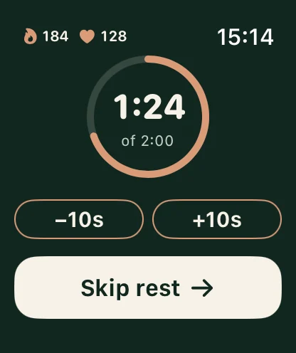 The Lifterly rest countdown on Apple Watch, with −10 s, +10 s and Skip rest