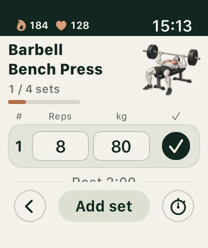 Lifterly on Apple Watch: compact set logging and rest controls