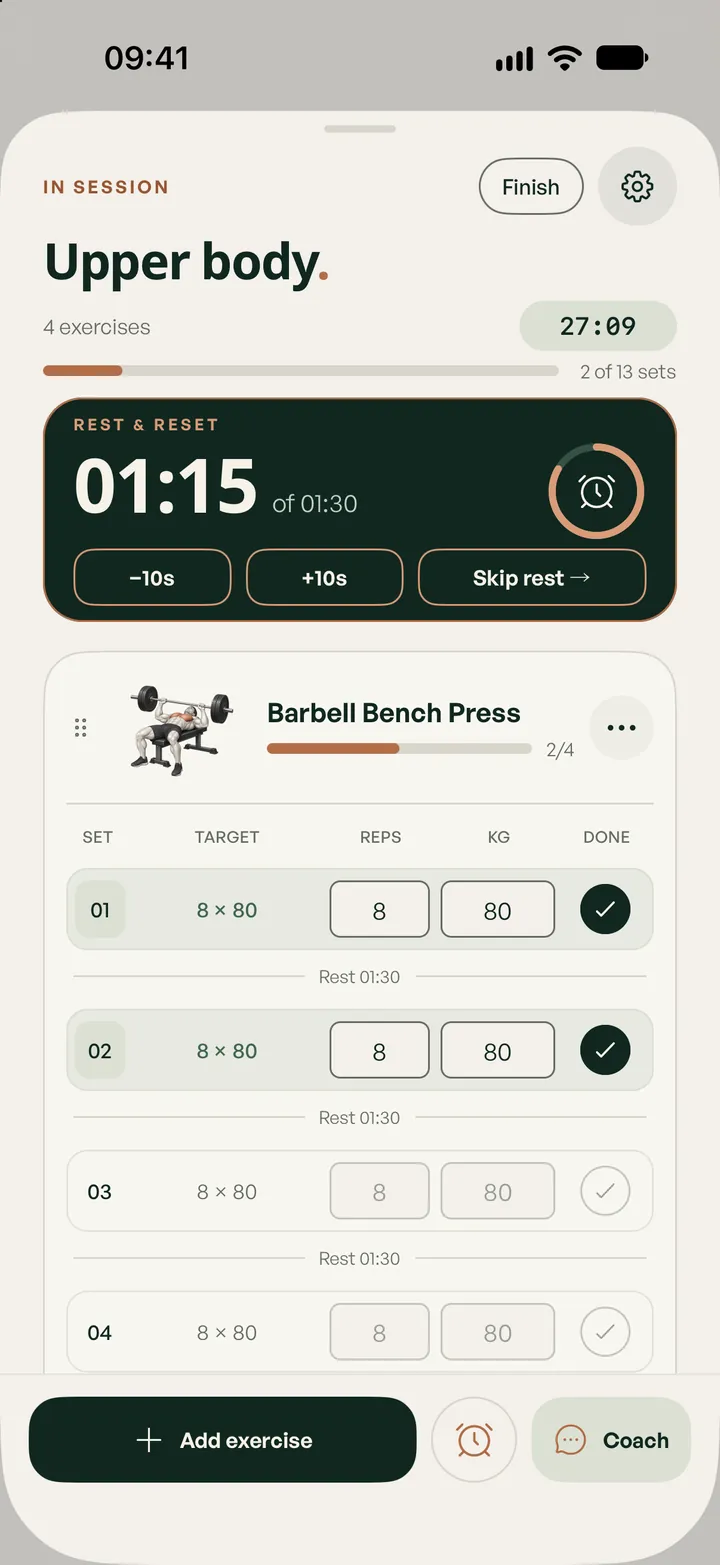 Lifterly workout: exercises, reps, weights and completed sets
