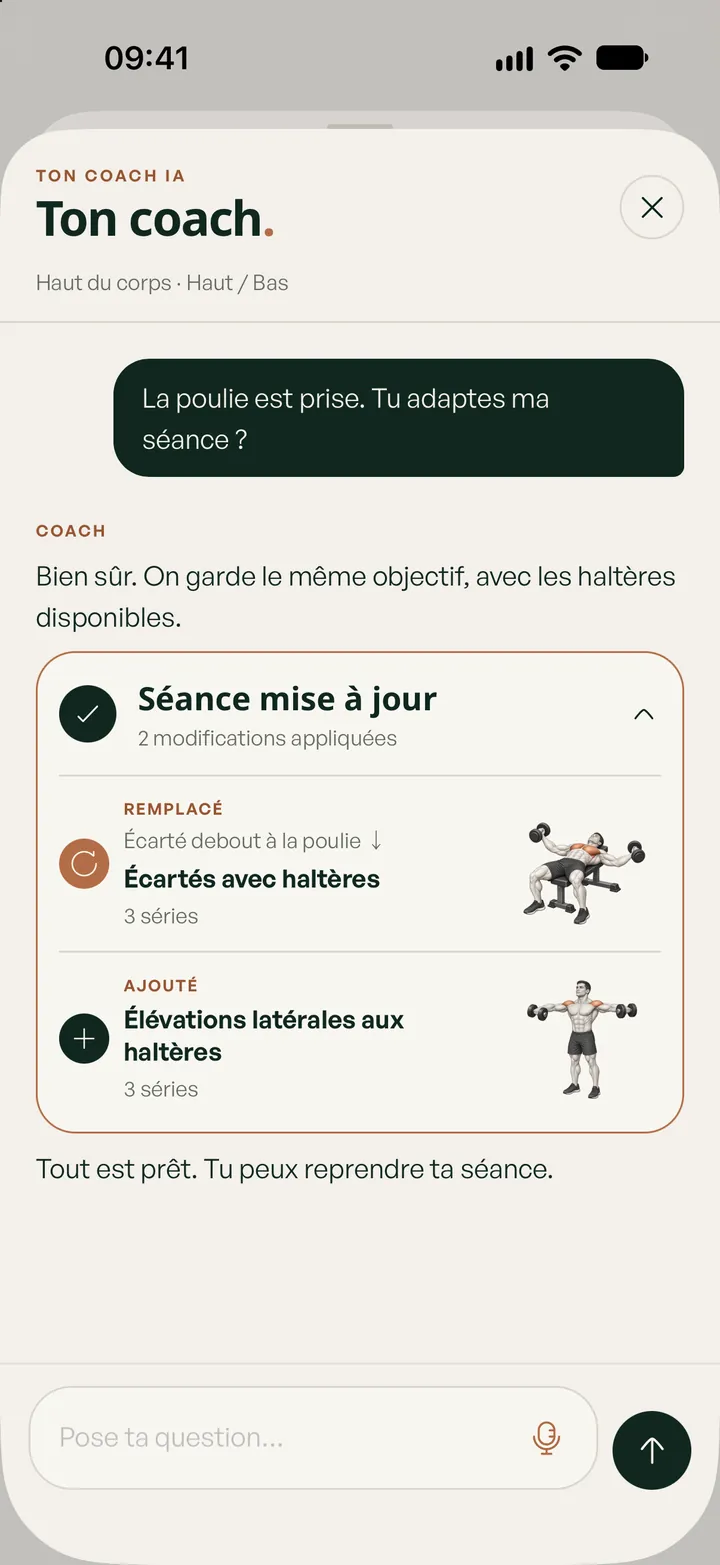 Exemple de conversation avec le coach IA pour adapter une séance