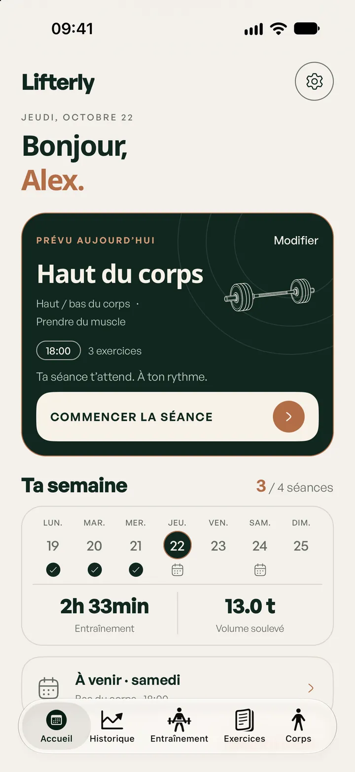 Accueil Lifterly : séance terminée et aperçu de la semaine