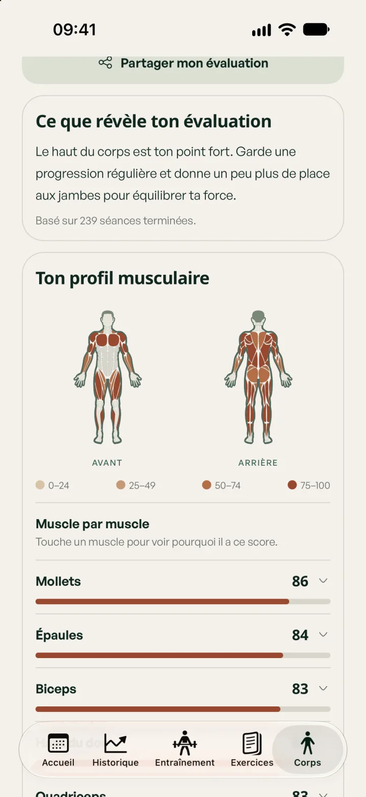Le profil musculaire : silhouettes de face et de dos et un score pour chaque muscle