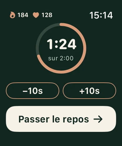Le décompte de repos de Lifterly sur Apple Watch, avec −10 s, +10 s et Passer le repos