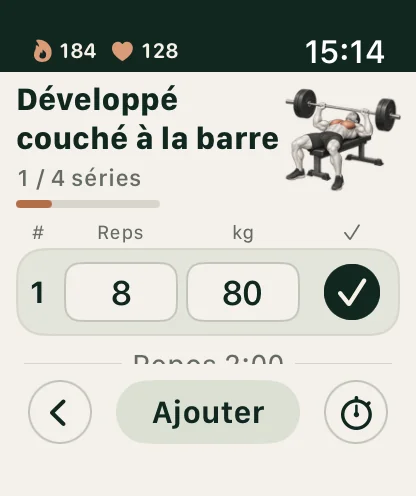 Lifterly sur Apple Watch : saisie des séries et contrôles de repos